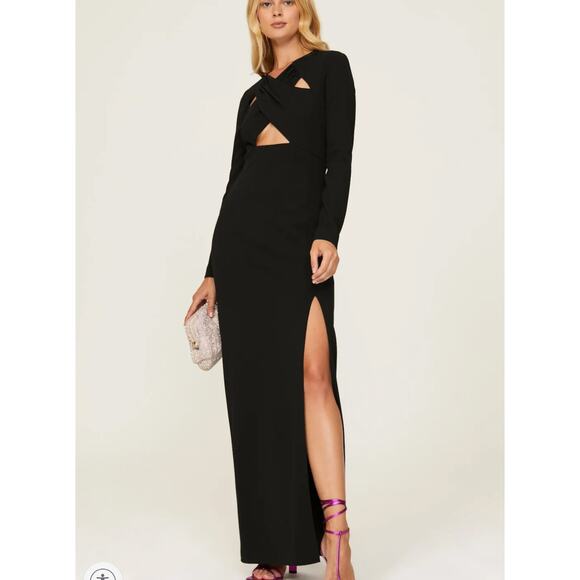 One33 Social Black Cutout Gown SIZE 4 Long Sleeve High Slit Formal Designer $385 - Picture 1 of 9